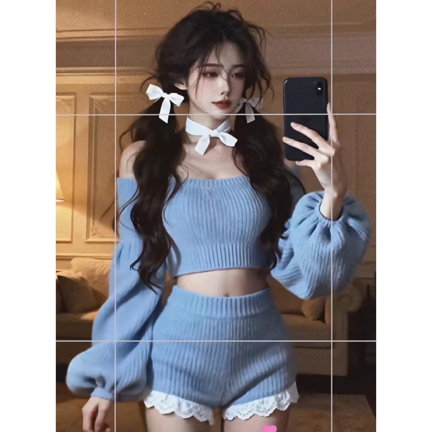 순수한 욕망 바람 스웨터 세트 여성 가을 겨울철 오프숄더 긴팔 니트 맨위 작은 키 캐주얼 반바지 투피스 세트