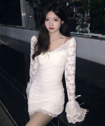 sisi jiang 레이스 암호 품격 부드러운 타이트 나팔 소매 타이트 스커트 화이트 몸매 가꾸기 드레스
