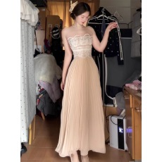 批发Hotdog热狗很辣【香氛美人】生日裙蕾丝边百褶抹胸内搭外穿连衣裙