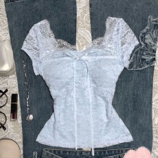 批发宝椰少女 原创杏色蝴蝶结蕾丝<b class='q'>衬衫</b>女夏季vintage古着穿搭甜美上衣