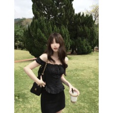 批发BUWAN STUDIO 26新款黑色<b class='q'>蕾丝</b>花边短袖衬衫女夏季抽绳收腰上衣ins