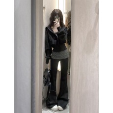 批发新款韩系休闲风连帽修身开衫上衣高腰显瘦微喇<b class='q'>裤</b>运动套装