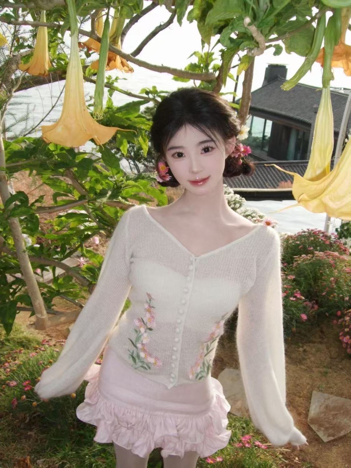 화이트 고급 센스 무거운 작업 꽃 프린트 V넥 니트 오픈 가디건 여성 봄 가을 프랑스식 달콤함 루즈핏 스웨터 코트