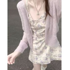 批发夏季<b class='q'>紫色</b>开衫碎花吊带<b class='q'>连衣裙</b>子女2026新款早春漂亮一整套穿搭短裙