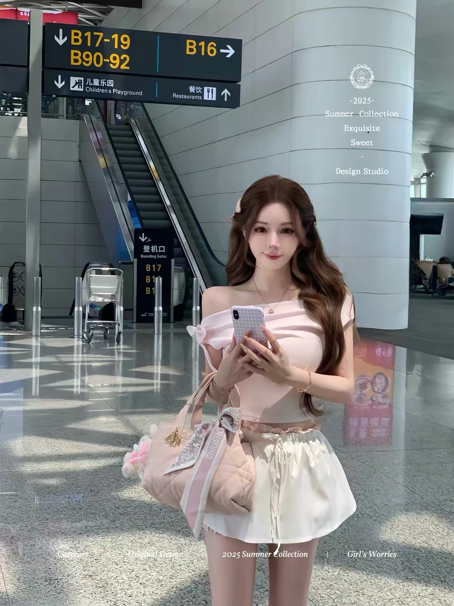 catyears 고양이 년 작은 한 유학생 장난기 넘치는 나비 매듭 오프숄더 티셔츠 배색 치마바지 세트 여성