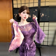 微胖mm法式复古紫色喇叭袖连衣裙女26春季纯欲风气质性感收腰长裙