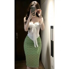 批发海边度假风套装<b class='q'>纯</b>欲性感开叉抹胸背心女春季波点短裙半身裙两件套