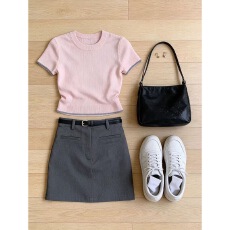 批发巨好看的初夏穿搭一整套韩系粉色圆领短袖T恤女高腰半身裙两件套