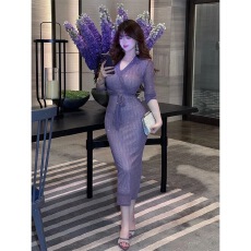 批发性感<b class='q'>纯</b>欲闪闪烫钻V领长袖连衣裙女夏季新款修身显瘦绑带包臀长裙