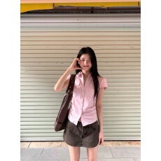 批发红人馆短袖衬衫女夏季2026新款重要场合小衫法式上衣粉色修身衬衣