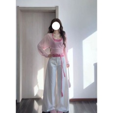 批发<b class='q'>纯</b>欲甜美韩系百搭莱赛尔薄纱微透罩衫女夏季气质显瘦收腰长袖T恤