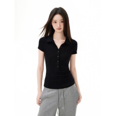 批发iiiamX黑色polo领正肩t恤女夏修身紧身显瘦天丝翻领短袖上衣2026