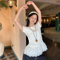 批发宋正恩白色双层蕾丝花边圆领正肩短袖t恤女夏季独修身内搭上衣潮