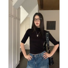 批发宋正恩黑色半高领<b class='q'>中袖</b>正肩短袖T恤女夏季新款修身五分袖内搭<b class='q'>上衣</b>