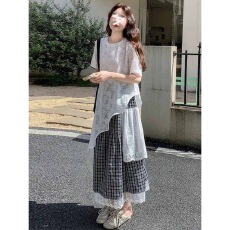 批发韩版设计感中长款不规则钩花镂空短袖叠穿蕾丝<b class='q'>连衣</b>裙两件套女夏潮