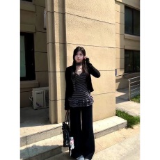 批发大码胖MM韩系复古穿法一整套早秋黑色长袖开衫条纹吊带上衣两件套