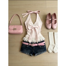 批发套装女2026春季新款古着甜辣蝴蝶结修身吊带背心高腰显瘦牛仔短裤