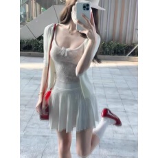 批发白开水*开衫蕾丝吊带半身裙三件套女显瘦高腰A字短裙芭蕾风百褶裙