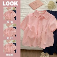 批发专柜奢侈品牌捡漏女装粉色Polo领短袖<b class='q'>衬衫</b>女夏季新款别致百搭上衣
