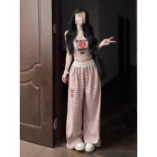 批发美式辣妹风休闲运动套装女夏季2026新款条纹抹胸背心阔腿裤两件套