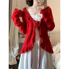 批发韩系温柔气质显瘦白色吊带连衣裙搭配红色薄款针织衫披肩两件套装