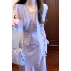 批发2026春季紫色<b class='q'>蕾丝</b>拼接长袖上衣&高腰鱼尾半身长裙两件<b class='q'>套装</b>春秋女