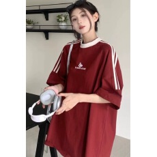 批发美式复古撞色条纹休闲纯棉短袖T恤女大码胖mm宽松<b class='q'>中长款</b>半袖上衣