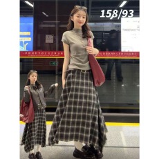 批发拉德咖色<b class='q'>格子</b>半身裙女春季不规则高腰显瘦中长款大摆裙