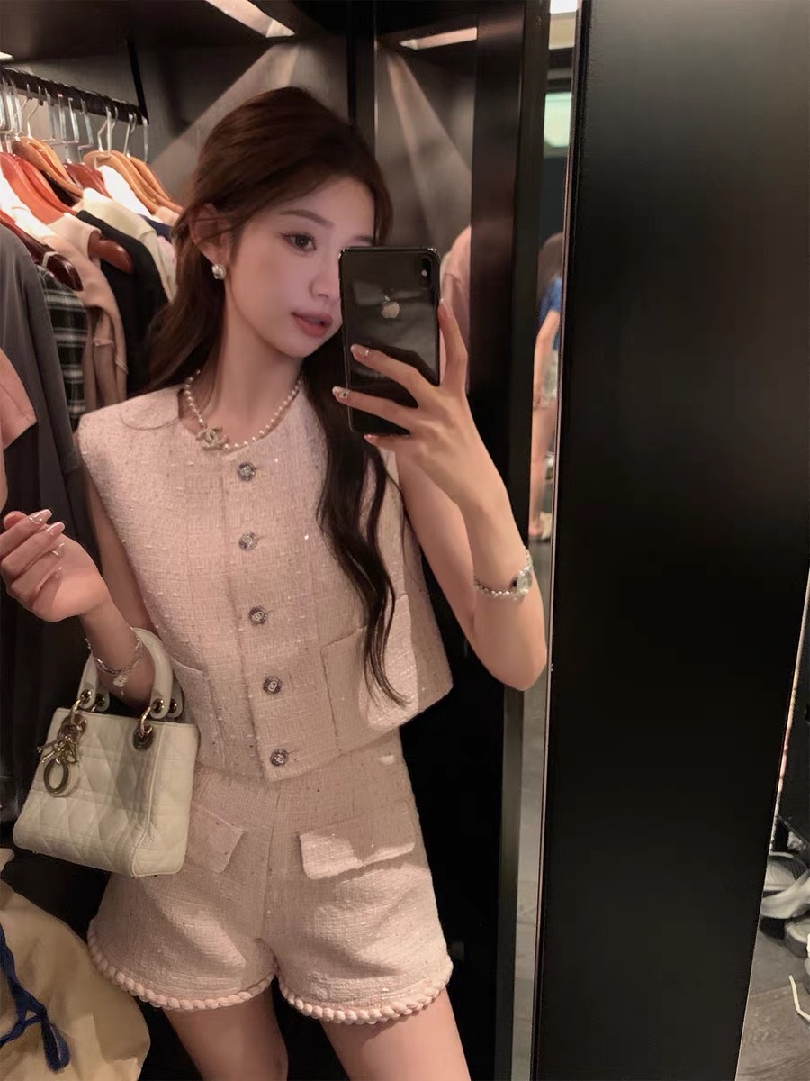 첸 좋은 난 영 젊은 풍부한 자매 스팽글 트위드 핑크색 샤오시엔 베스트 반바지