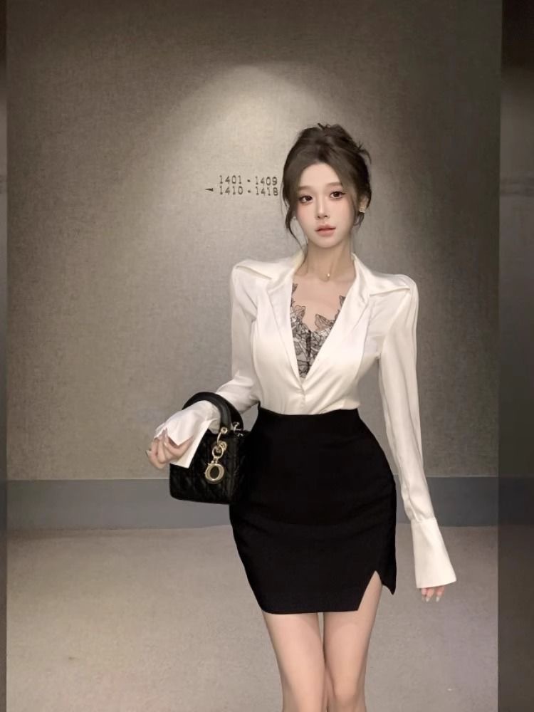 순수한 욕망 품격 세트 여성 이른 가을 새로운 섹시함 패치워크 레이스 셔츠 하이웨이스트 타이트 스커트 반신 스커트 투피스 세트