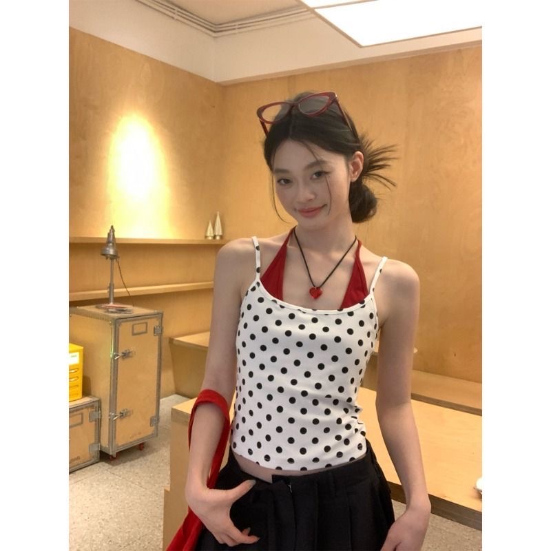 송 긍정적 인 En 도트 무늬 화이트 페이크 레이어드 행침 목 캐미솔 여름 외출용 민소매 백리스 핫걸 쇼트 스타일 맨위