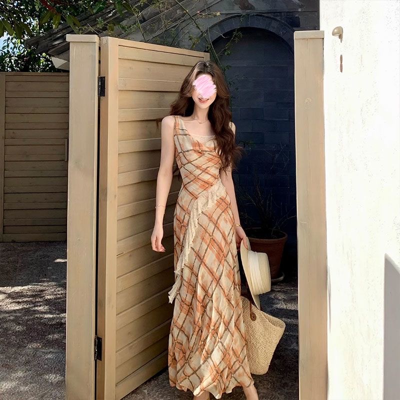 무쯔리 목자이 ~ 중 리 프랑스식 느긋한 흔들다 칼라 민소매 체크무늬 프린트 드레스 도루 센스 레이스 조각 쉬폰 롱 스커트