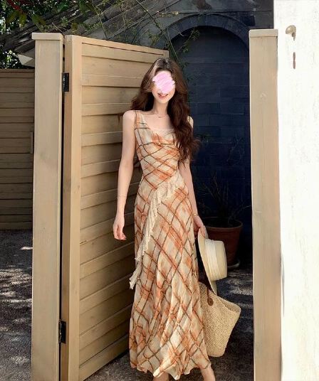 무쯔리 목자이 ~ 중 리 프랑스식 느긋한 흔들다 칼라 민소매 체크무늬 프린트 드레스 도루 센스 레이스 조각 쉬폰 롱 스커트