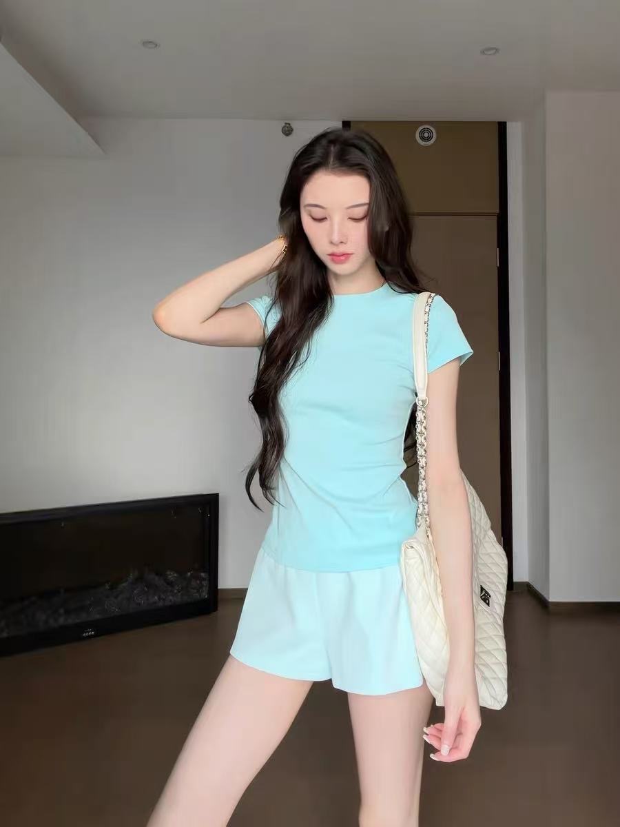 한 부서 미니멀리즘 바람 박하 블루 반팔 티셔츠 여성 여름 새로운 품격 몸매 가꾸기 슬림해 보이는 연령 감소 다용도 작은 맨위