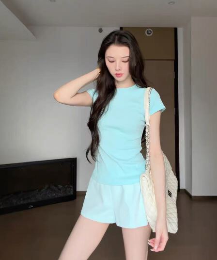 한 부서 미니멀리즘 바람 박하 블루 반팔 티셔츠 여성 여름 새로운 품격 몸매 가꾸기 슬림해 보이는 연령 감소 다용도 작은 맨위