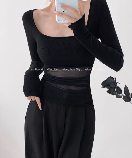 순수한 욕망 바람 시스루 망사 패치워크 광장 칼라 긴팔 티셔츠 여성 이른 가을 섹시함 몸매 가꾸기 슬림해 보이는 쇼트 스타일 만나는 맨위