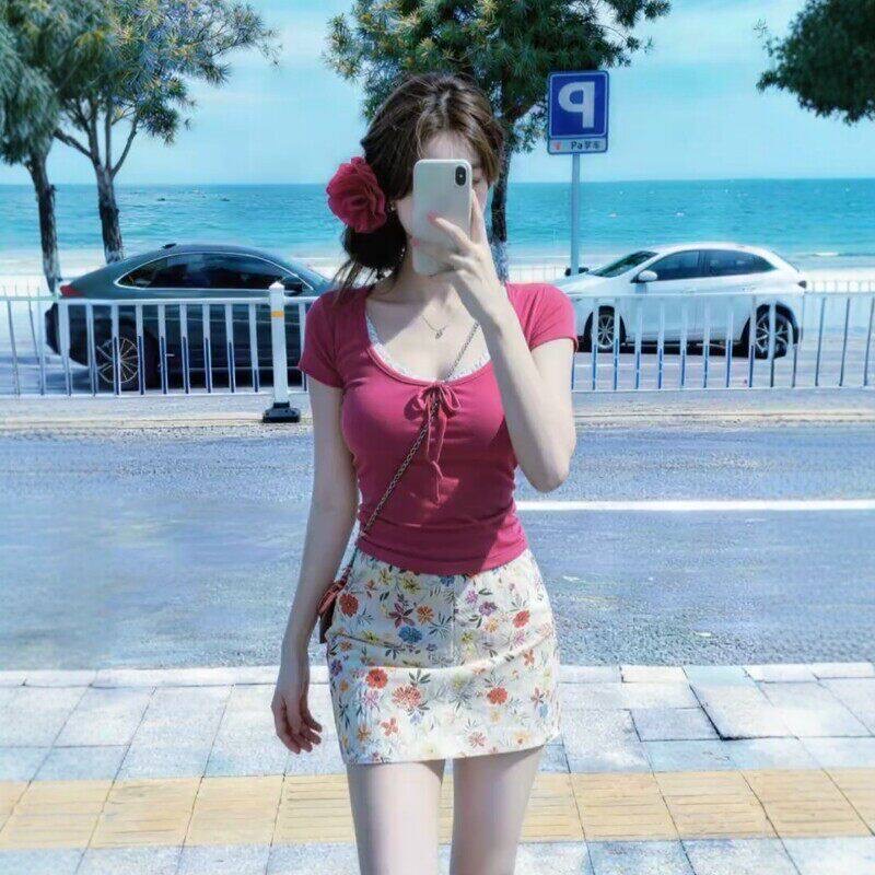 로즈 레드 스트랩 u 칼라 반팔 긍정적 인 어깨 티셔츠 여성 여름 레이스 레이스 몸매 가꾸기 허리 수축 순수한 욕망 바람 만나는 맨위