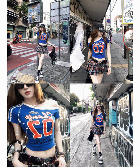 아메리칸 순수한 욕망 바람 핫걸 비스듬한 어깨 스트라이프 티셔츠 여성 여름 새로운 몸매 가꾸기 쇼트 스타일 재즈 댄스 오프숄더 맨위 여성