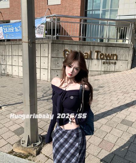 popwest 丨 레이스업 오프숄더 긴팔 니트 스웨터 스웨터 몸매 가꾸기 다용도 맨위 체크무늬 롱 스커트 세트
