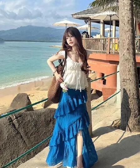 훈제 한 복숭아 복숭아 embertia 레트로 파란색 휴가 불규칙 레이스 디자인 자수 자카드 한 마디 반신 스커트