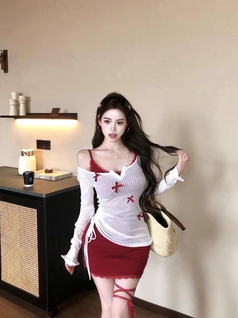 순수한 욕망 바람 섹시함 핫걸 빨간색 레이스 슬립 드레스 품격 디스플레이 몸 허리 수축 타이트 스커트 미니 스커트 여성 새로운