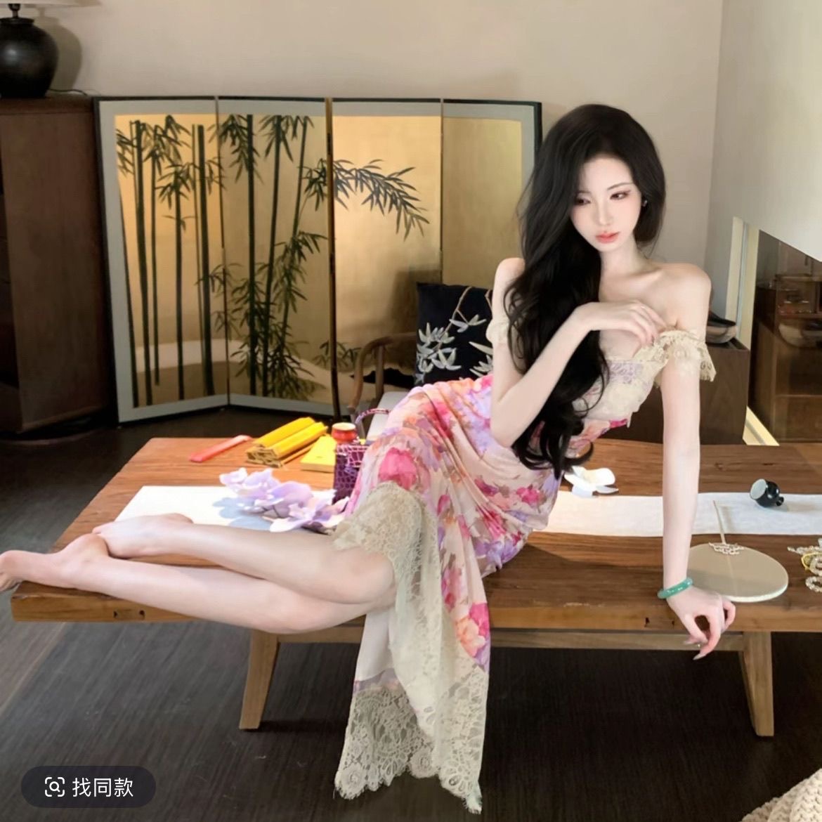 우아한 조 하느님 뒷 정원 여름 프랑스식 보라색 유화 장미 헤일로 염색 레이스 전단 꽃 점프 슈트 롱 스커트