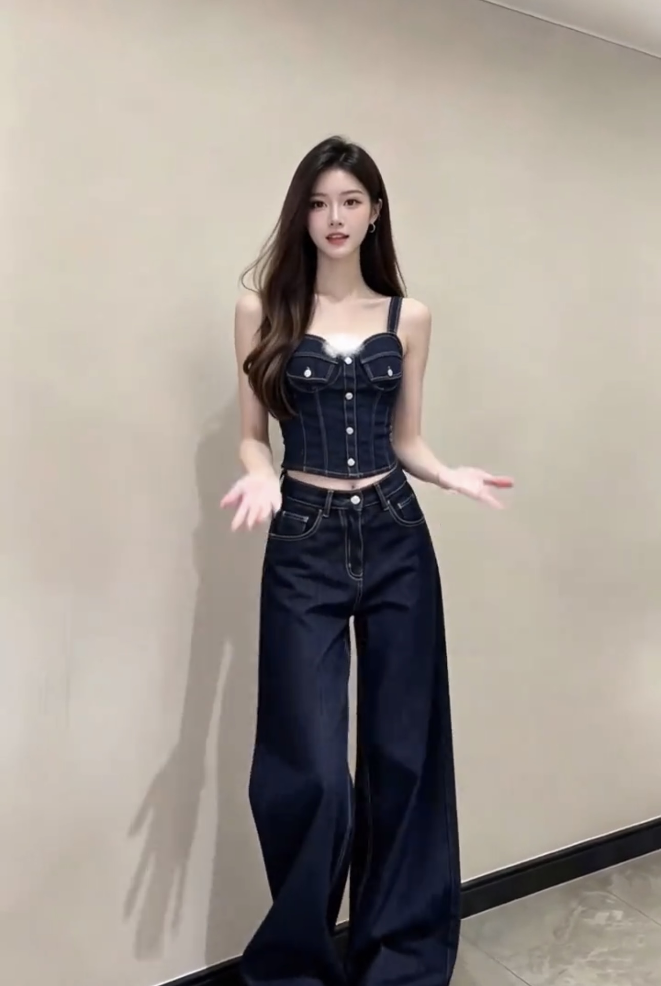 아메리칸 레트로 핫걸 데님 캐미솔 여름 패션 세트 캐주얼 루즈핏 넓은 다리 길이 바지 투피스 세트