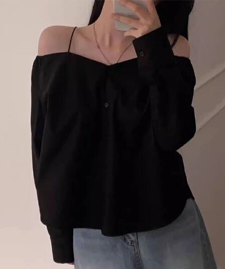 yoli 장 宥 이익 노르웨이 거리 검정색 오프숄더 긴팔 여성 셔츠 핫걸 허리 수축 슬림해 보이는 쇼트 스타일 맨위