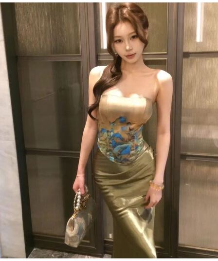 특히 아름다움 어린이 stazf7 지방 mm 프랑스식 순수한 욕망 프린트 생선뼈 튜브탑 여성 여름 레트로 새틴 인어 꼬리 치마 세트