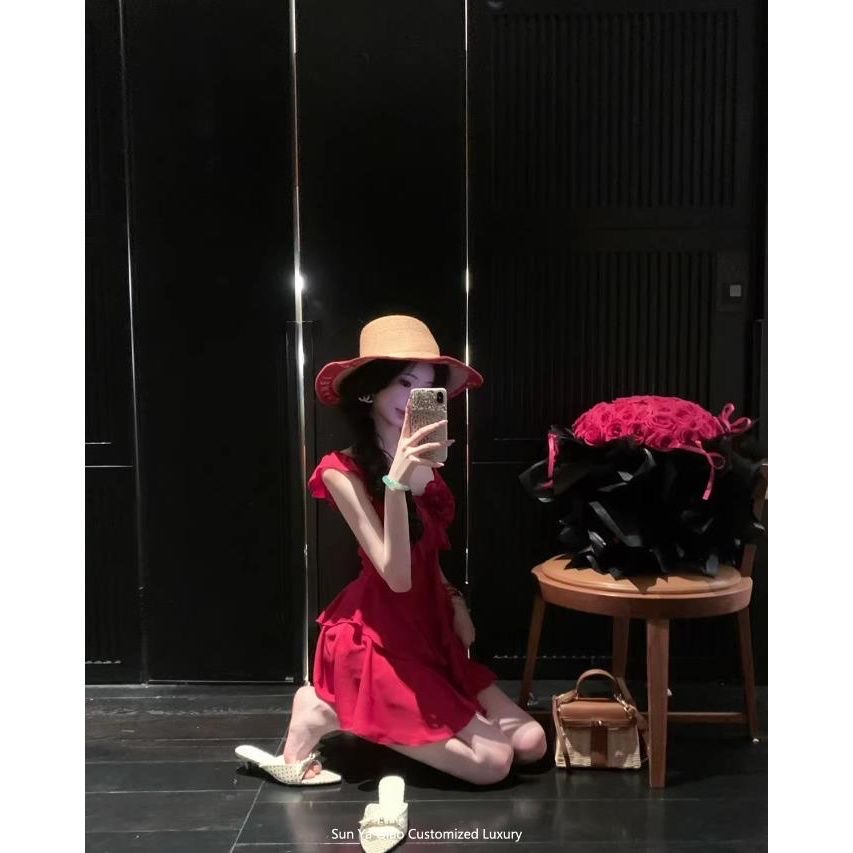 sun 우아한 조 태양은 불 같다. 여름 달콤함 해변 쉬폰 프릴 빨간색 슬립 미니 스커트 드레스