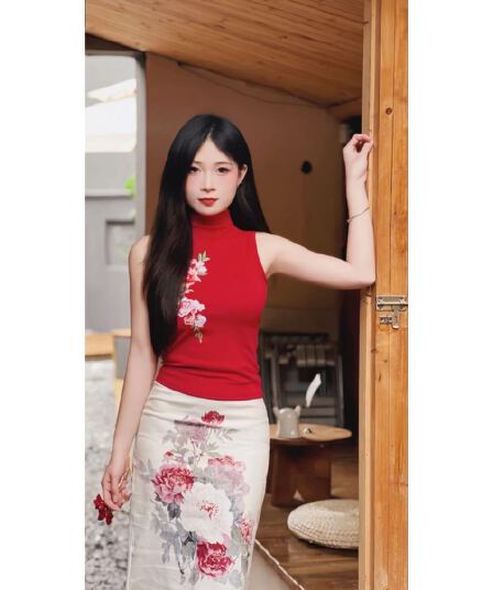 mlyd 맞춤 빅 사이즈 새로운 중식 국풍 자수 민소매 빨간색 맨위 여성 몸매 가꾸기 프린트 타이트 스커트 치마 세트
