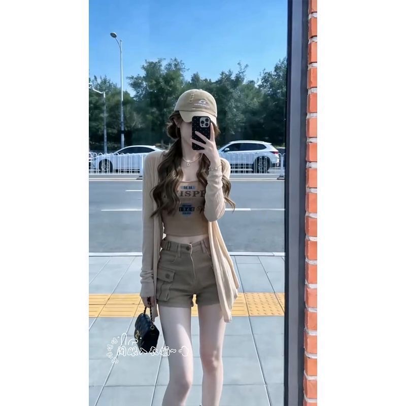 초여름 고유 한 아름다운 작은 세트 여성 달콤한 핫걸 슬림해 보이는 다용도 조끼 오픈 가디건 하이웨이스트 데님 반바지 투피스 세트