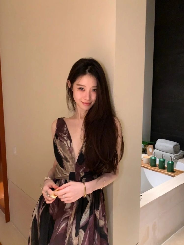 mummy cat 계란 놓기 야옹 대 자주색 꽃 26 신제품 유화 질감 프린트 깊은 v 휴가 드레스