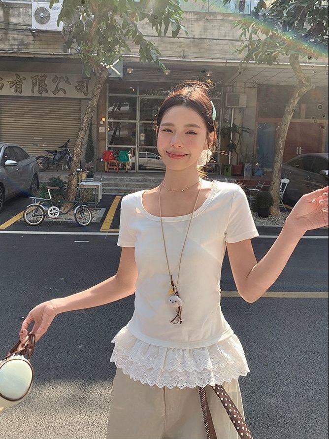 송 긍정적 인 En 화이트 u 칼라 레이스 레이스 반팔 티셔츠 여성 여름 새로운 몸매 가꾸기 잘 생긴 고급 센스 순수한 욕망 맨위